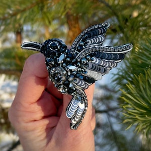 Bird pin brooch, Crystal brooch pin, Crystal brooch, Bulk brooch, Black beaded brooch, Brooch for women, Modern brooch, Brooch hummingbird image 1