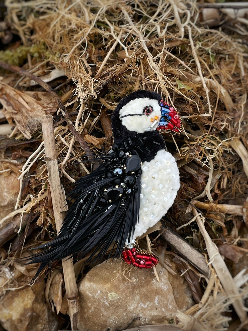 Bird pin brooch, Feather brooch pin, Crystal brooch, Bulk brooch, Womens brooch pin, Winter brooch, Modern brooch, Puffin brooch image 1