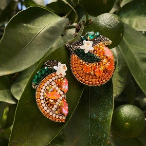 Orange earrings, Citrus earrings, Beaded orange earrings, Summer earrings, Unique pearl earrings, Crystal earrings, Beaded orange earrings