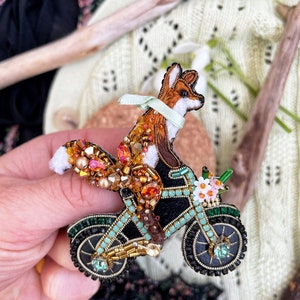 Fox brooch pin, Bike pin, fox pin, Beaded pin, Animal brooch, Bulk brooch, Beaded embroidery, Unique fox gift, Fox on bicycle brooch image 7