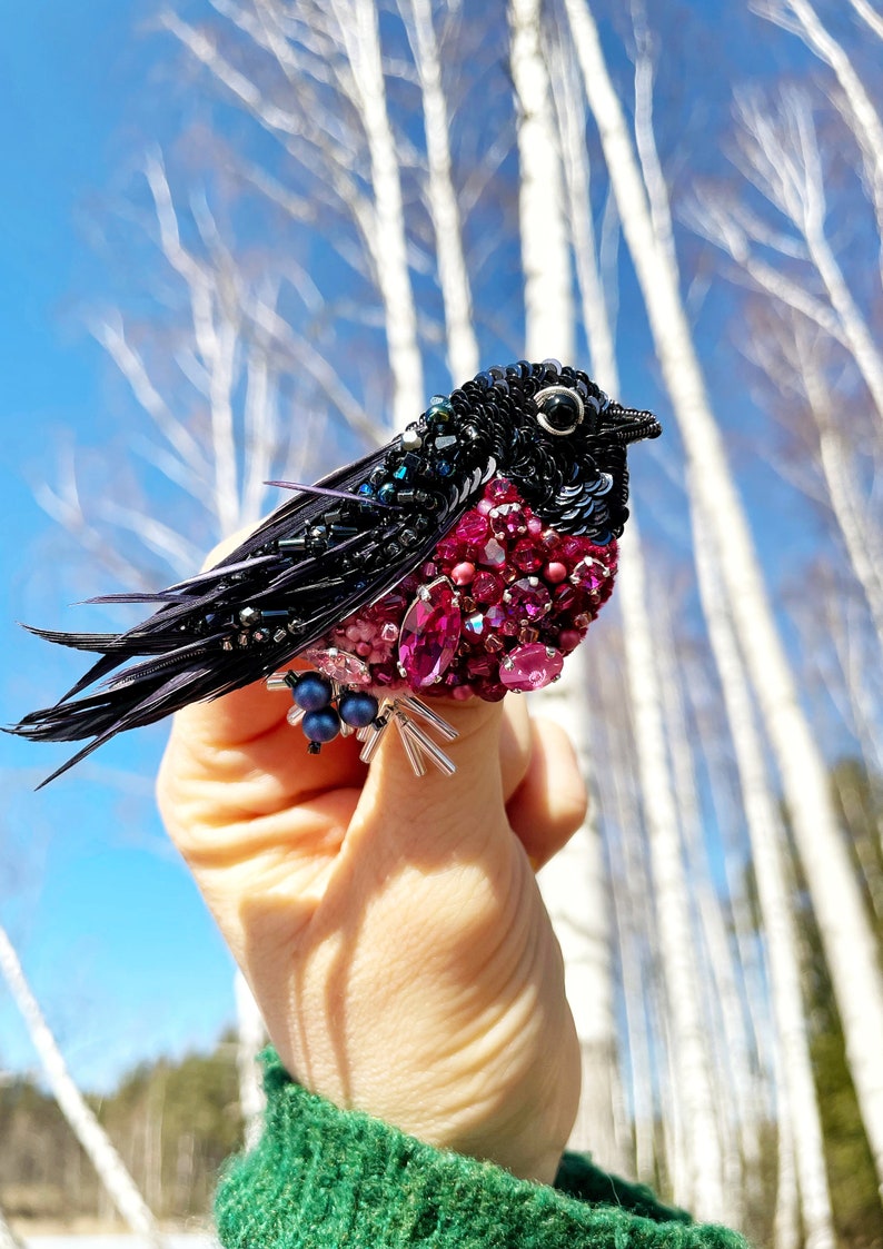 Bird pin brooch, Feather brooch pin, Crystal brooch, Bulk brooch, Womens brooch pin, Brooch for women, Modern brooch, Pink robin brooch image 7