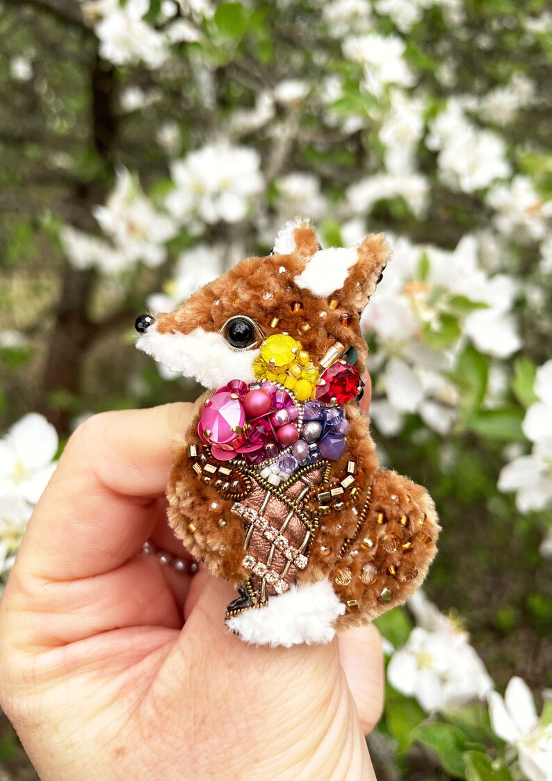 Fox pin, Ice cream jewelry, Cute fox, Beaded jewelry, Cute animal, Beaded animal, Beaded embroidery, Cute gift, Fox gift, Cute pin image 5