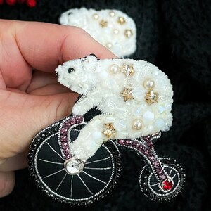 Bear on bike brooch, Bear pin, Embroidered bear, Beaded brooch, Beaded bear, Gift for bear lovers, Handmade brooch, Winter pin, Brooch bear image 2