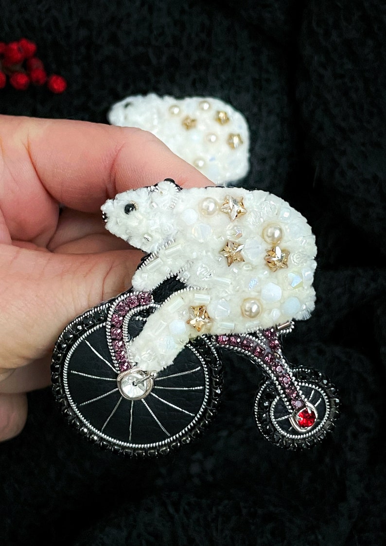 Bear on bike brooch, Bear pin, Embroidered bear, Beaded brooch, Beaded bear, Gift for bear lovers, Handmade brooch, Winter pin, Brooch bear image 2