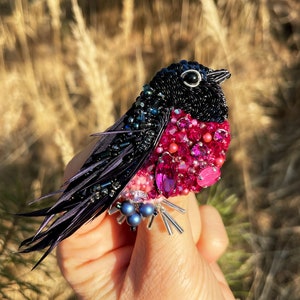 Bird pin brooch, Feather brooch pin, Crystal brooch, Bulk brooch, Womens brooch pin, Brooch for women, Modern brooch, Pink robin brooch image 3