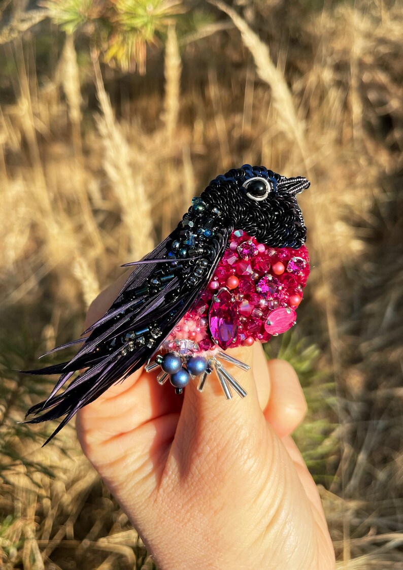 Bird pin brooch, Feather brooch pin, Crystal brooch, Bulk brooch, Womens brooch pin, Brooch for women, Modern brooch, Pink robin brooch image 3