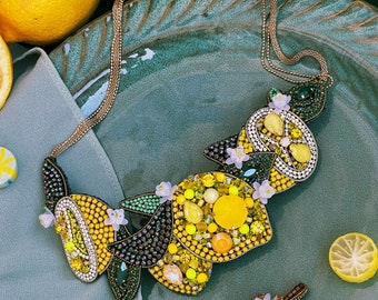 Yellow necklace, Lemon necklace, Beaded lemon, Fruit necklace, Luxury necklace, Beaded necklace, Unique necklace, Summer necklace, Chain