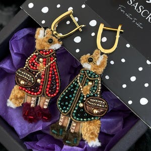 Fox earrings, Animal jewellery, Embroidery jewelry, Fox related gift, Handmade brooch, Cute fox earrings, Dangle cute earrings, Fox gift
