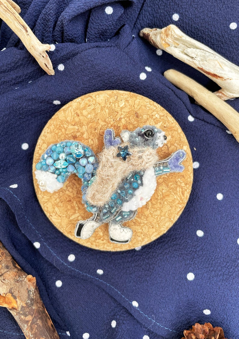 Squirrel brooch, Squirrel pin, Embroidered squirrel, Beaded brooch, Beaded squirrel, Gift for squirrel lovers, Handmade brooch, Winter pin image 8