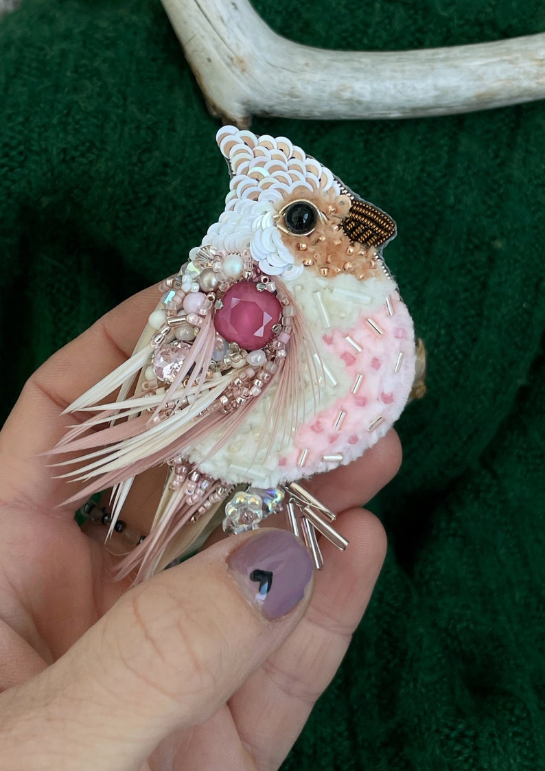 Pink pin, Pink bird, Feather jewelry, Bird brooch, Bird pin, Bird jewelry, Bird cute, Cardinal, Christmas gift, Brooch pin, Bird accessories image 2