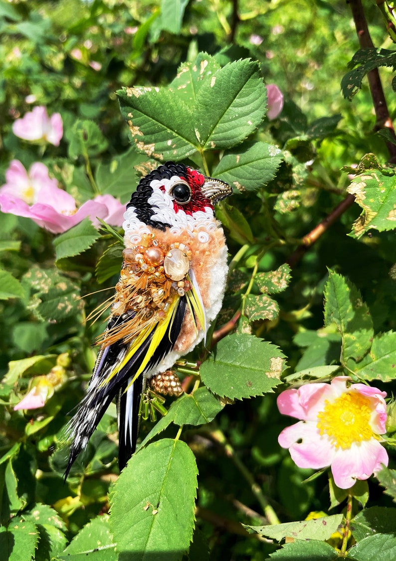 Bird pin brooch, Feather brooch pin, Crystal brooch, Bulk brooch, Womens brooch pin, Brooch for women, Modern brooch, Goldfinch brooch image 1