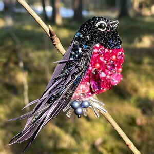 Bird pin brooch, Feather brooch pin, Crystal brooch, Bulk brooch, Womens brooch pin, Brooch for women, Modern brooch, Pink robin brooch image 2