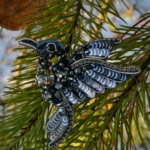 Bird pin brooch, Crystal brooch pin, Crystal brooch, Bulk brooch, Black beaded brooch, Brooch for women, Modern brooch, Brooch hummingbird image 8