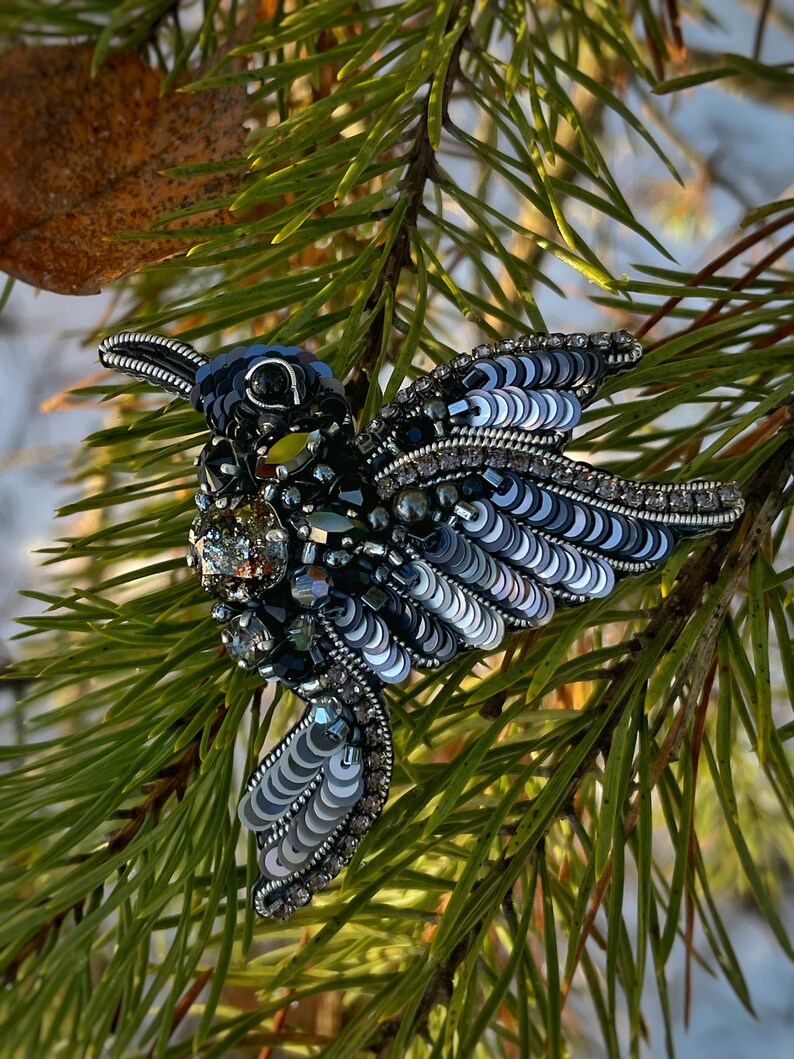 Bird pin brooch, Crystal brooch pin, Crystal brooch, Bulk brooch, Black beaded brooch, Brooch for women, Modern brooch, Brooch hummingbird image 8