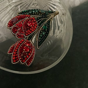 Red brooch pin, Flower brooch, Beaded flower brooch, Tulip brooch, Luxury pin, Beaded brooch, Crystal flower, Pearl Tulip, Embroidered Tulip image 6