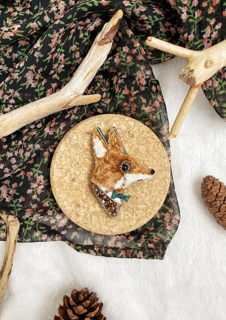 Fox brooch pin, Vintage fox brooch, Vintage animal brooch, Embroidery brooch, Unique fox gift, Fox jewelry, Cute fox, Fox pin, Fox gift image 2