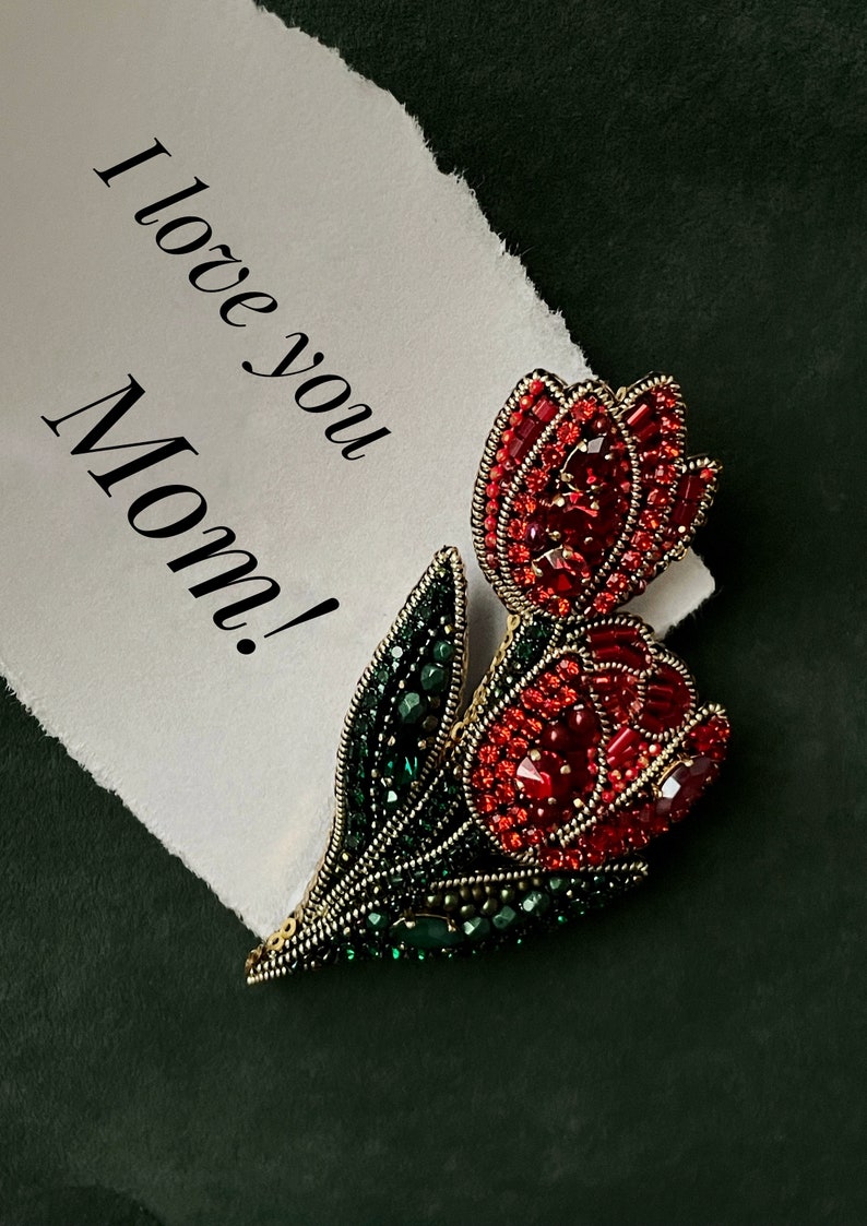 Red brooch pin, Flower brooch, Beaded flower brooch, Tulip brooch, Luxury pin, Beaded brooch, Crystal flower, Pearl Tulip, Embroidered Tulip image 1