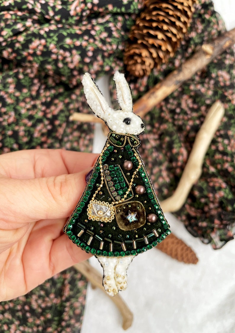Rabbit brooch, Rabbit pin, Embroidered rabbit, Beaded brooch, Beaded rabbit, Gift for rabbit lovers, Handmade brooch, Fashion brooch image 9