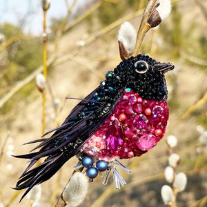 Bird pin brooch, Feather brooch pin, Crystal brooch, Bulk brooch, Womens brooch pin, Brooch for women, Modern brooch, Pink robin brooch image 1