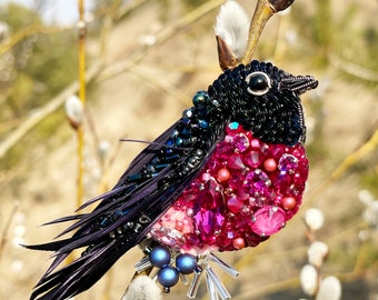 Bird pin brooch, Feather brooch pin, Crystal brooch, Bulk brooch, Womens brooch pin, Brooch for women, Modern brooch, Pink robin brooch