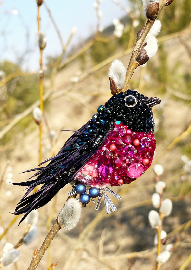 Bird pin brooch, Feather brooch pin, Crystal brooch, Bulk brooch, Womens brooch pin, Brooch for women, Modern brooch, Pink robin brooch image 1