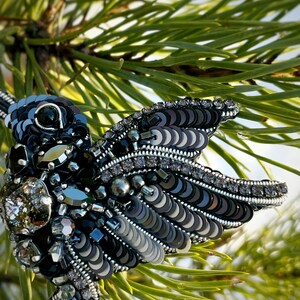 Bird pin brooch, Crystal brooch pin, Crystal brooch, Bulk brooch, Black beaded brooch, Brooch for women, Modern brooch, Brooch hummingbird image 4