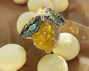 Broche jaune, broche citron, broche citron perlé, broche fruit, broche broche luxe, broche perlée, broche unique, broche été