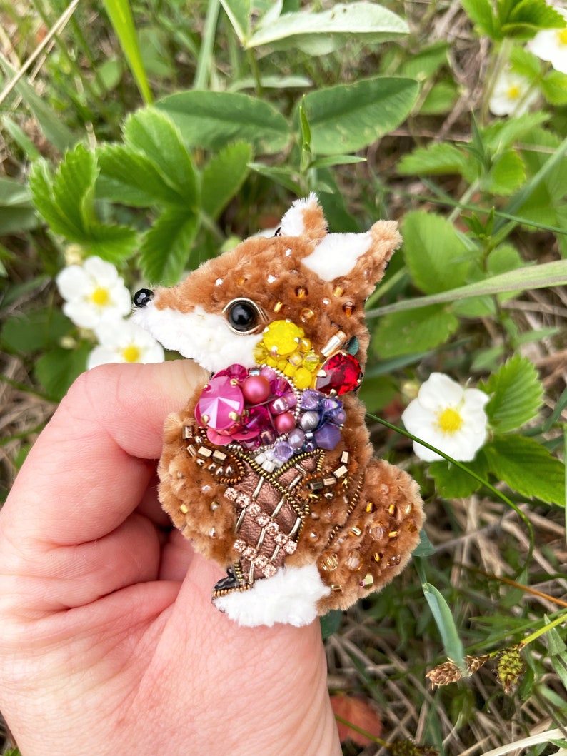 Fox pin, Ice cream jewelry, Cute fox, Beaded jewelry, Cute animal, Beaded animal, Beaded embroidery, Cute gift, Fox gift, Cute pin image 7