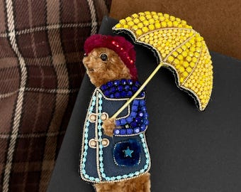 Bear brooch, Blue brooch, Beaded jewelry, Animal jewellery, Embroidery jewelry, Paddington, Handmade brooch, Beaded brooch, The bear