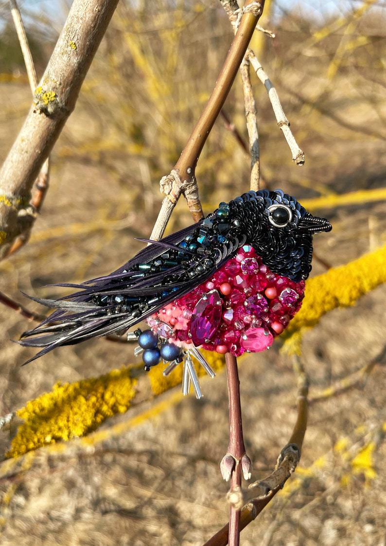 Bird pin brooch, Feather brooch pin, Crystal brooch, Bulk brooch, Womens brooch pin, Brooch for women, Modern brooch, Pink robin brooch image 5