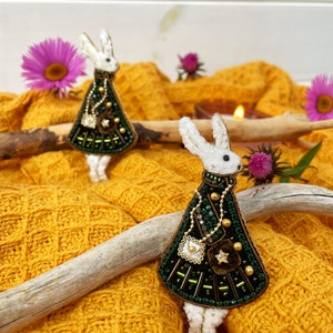 Rabbit brooch, Rabbit pin, Embroidered rabbit, Beaded brooch, Beaded rabbit, Gift for rabbit lovers, Handmade brooch, Fashion brooch image 3