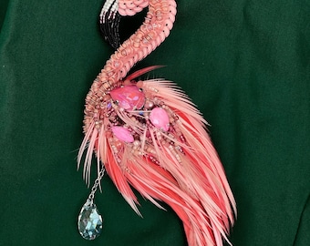Flamingo brooch, Beaded bird pin, Tropical brooch, Feather jewelry, Modern brooch, Pink jewelry, Bird brooch, Flamingo pin, Bird lovers gift