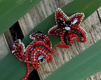 Red earrings, Crab earrings, Beaded ocean earrings, Ocean earrings, Unique pearl earrings, Seastar earrings, Summer earrings