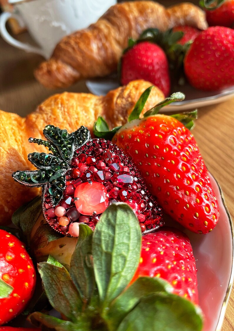 Red brooch pin, Strawberry brooch, Beaded berry brooch, Berry brooch, Luxury brooch pin, Beaded brooch, Unique brooche, Fruit brooch image 7