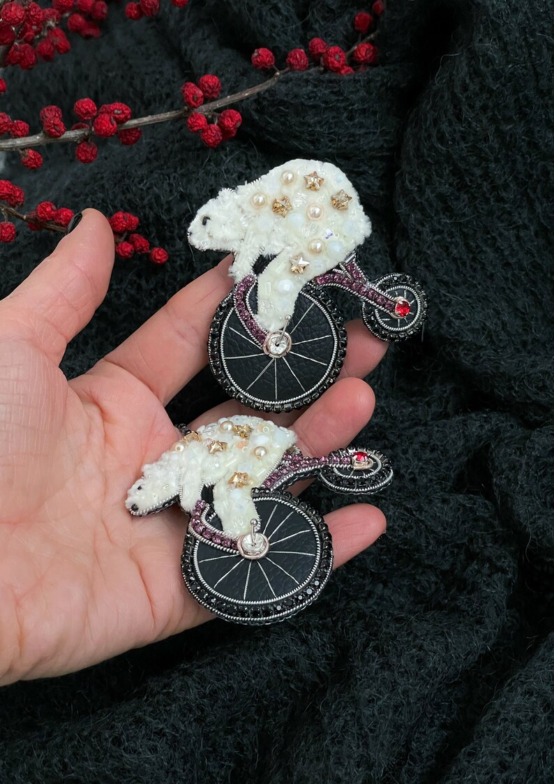 Bear on bike brooch, Bear pin, Embroidered bear, Beaded brooch, Beaded bear, Gift for bear lovers, Handmade brooch, Winter pin, Brooch bear image 5