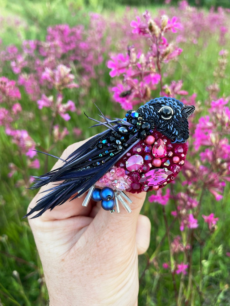 Bird pin brooch, Feather brooch pin, Crystal brooch, Bulk brooch, Womens brooch pin, Brooch for women, Modern brooch, Pink robin brooch image 8