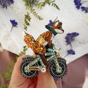 Fox brooch pin, Bike pin, fox pin, Beaded pin, Animal brooch, Bulk brooch, Beaded embroidery, Unique fox gift, Fox on bicycle brooch image 1