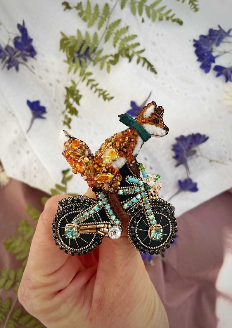 Fox brooch pin, Bike pin, fox pin, Beaded pin, Animal brooch, Bulk brooch, Beaded embroidery, Unique fox gift, Fox on bicycle brooch image 1