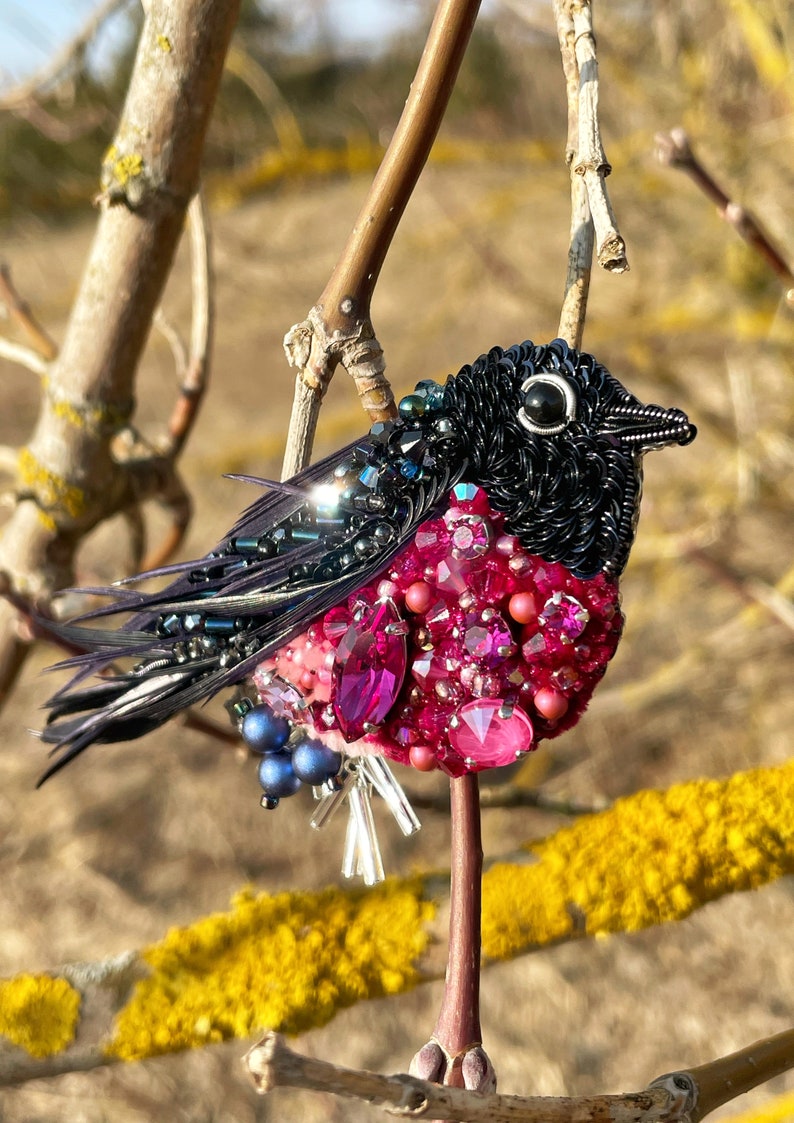 Bird pin brooch, Feather brooch pin, Crystal brooch, Bulk brooch, Womens brooch pin, Brooch for women, Modern brooch, Pink robin brooch image 4