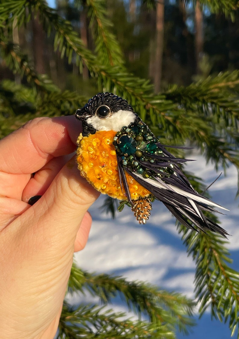 Bird pin brooch, Feather brooch pin, Crystal brooch, Bulk brooch, Womens brooch pin, Brooch for women, Modern brooch, Titmouse brooch image 6