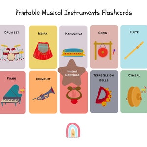 32 afdrukbare muziekinstrumenten Flashcards, Montessori-kaarten, Flash-kaarten voor kinderen, thuisschool, voorschoolse muziekinstrumenten leren
