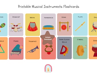 32 tarjetas didácticas de instrumentos musicales imprimibles, tarjetas Montessori, tarjetas flash para niños, educación en el hogar, aprendizaje de instrumentos musicales preescolares