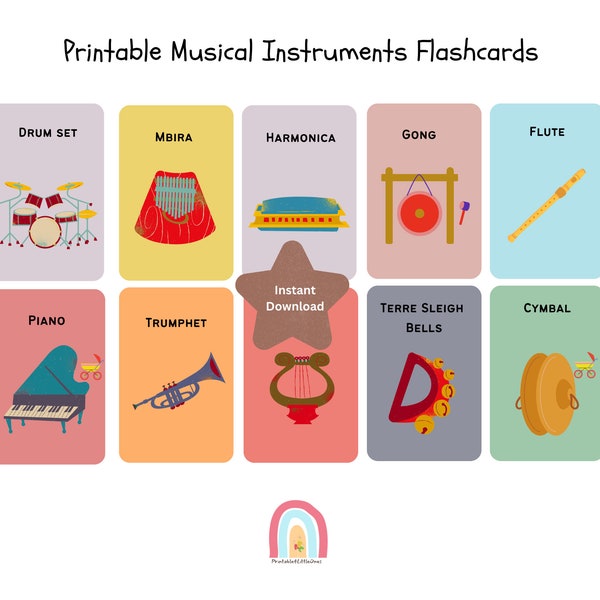 32 tarjetas didácticas de instrumentos musicales imprimibles, tarjetas Montessori, tarjetas flash para niños, educación en el hogar, aprendizaje de instrumentos musicales preescolares