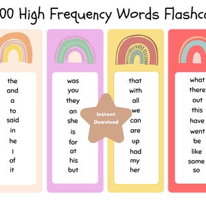 May include: Four colorful flashcards with rainbow illustrations and a list of 100 high frequency words. The words are organized into four columns, each with a different color background. The words are in black text. The words are: the, and, a, to, said, in, he, I, of, it, was, you, they, an, she, is, for, at, his, but, that, with, all, we, can, are, up, had, my, her, what, there, out, this, have, went, be, like, some, so.