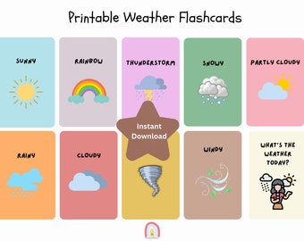 10 Tarjetas didácticas del tiempo, Tarjetas imprimibles del tiempo, Tarjetas didácticas preescolares, Tarjetas didácticas Montessori, ¿Qué tiempo hace hoy? Tarjetas meteorológicas