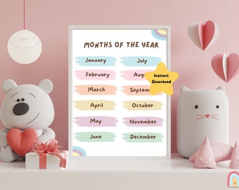 Pastel Rainbow Color Months of the Year Poster,Months of The Year Poster ,Months of the Year Print,Education Posters for Kids