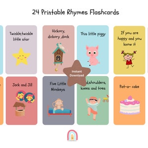 24 tarjetas de rimas infantiles imprimibles, rimas preescolares, rimas para niños pequeños, tarjetas de rimas, rimas de jardín de infantes, tarjetas de rimas imprimibles