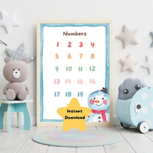 Cute Winter Theme Numbers (1-20) Poster, Numbers Print , Nursery Wall Art, Kids room Decor, Education Posters for Kids,Number Poster