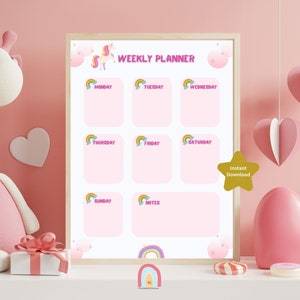 Kids&#39; weekly planner, Weekly schedule for kids, Printable planner for kids, Kids&#39; organisation, Planning for kids,Unicorn/Rainbow Planner
