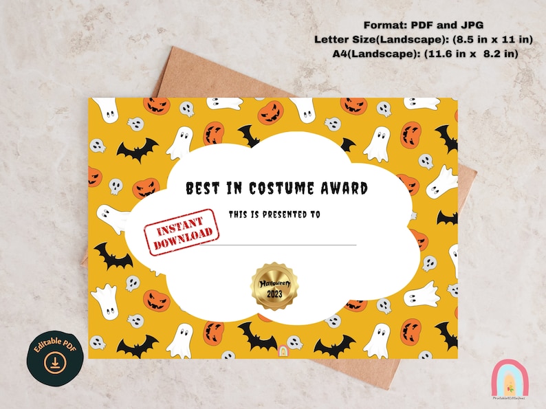 Halloween Certificate Template, Editable Halloween Best Costume ...